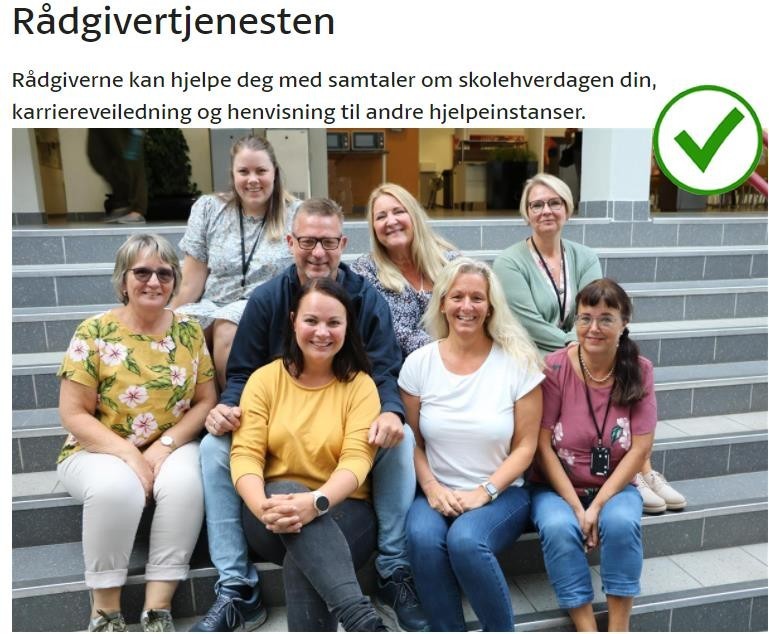 Skjermdump fra en artikkel om rådgivertjenesten, med bilde av en smilende gruppe mennesker som sitter på en trapp under ingressen. - Klikk for stort bilde